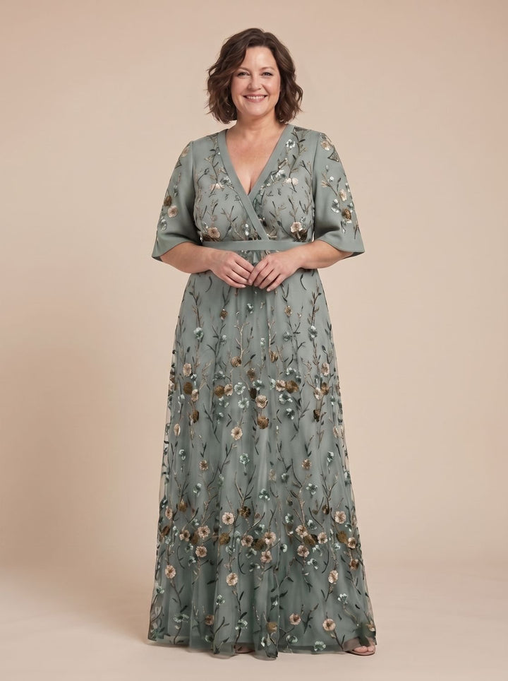 Women's Floral Embroidered Short Sleeve Maxi Dress V-Neck