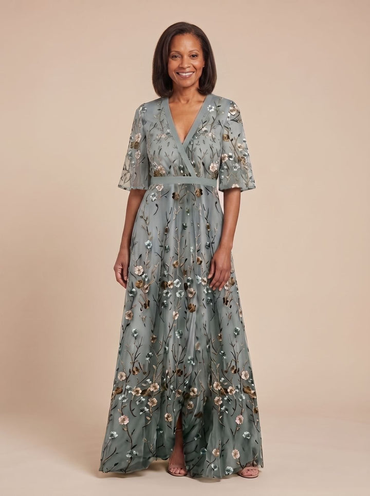 Women's Floral Embroidered Short Sleeve Maxi Dress V-Neck