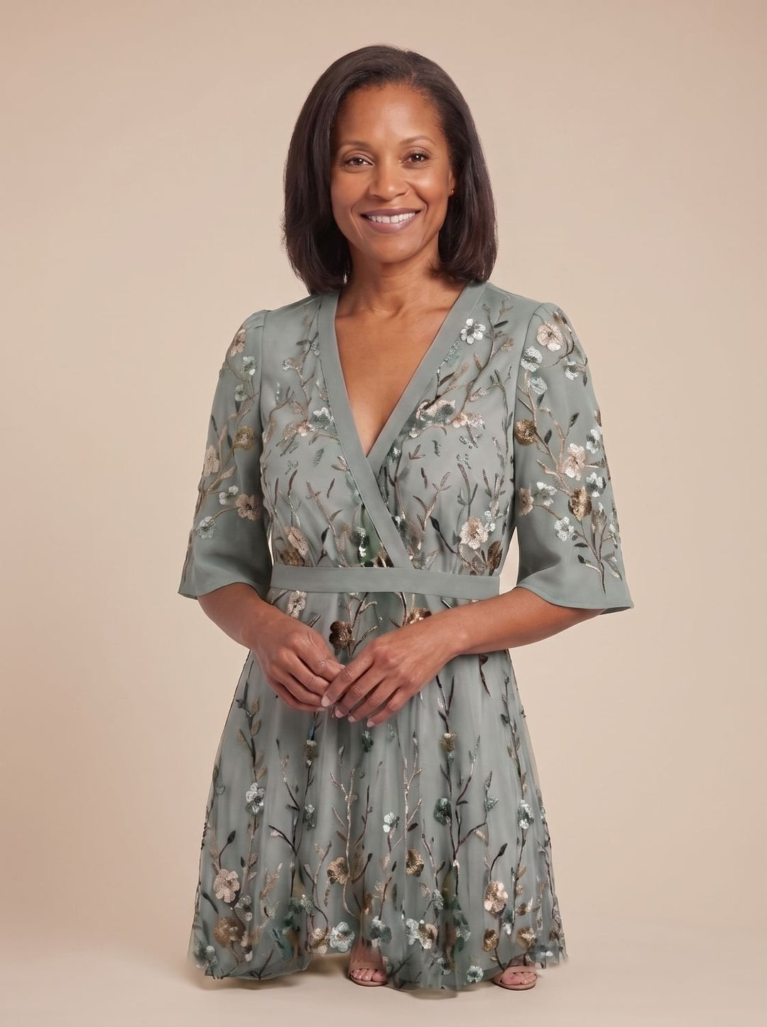 Women's Floral Embroidered Short Sleeve Maxi Dress V-Neck