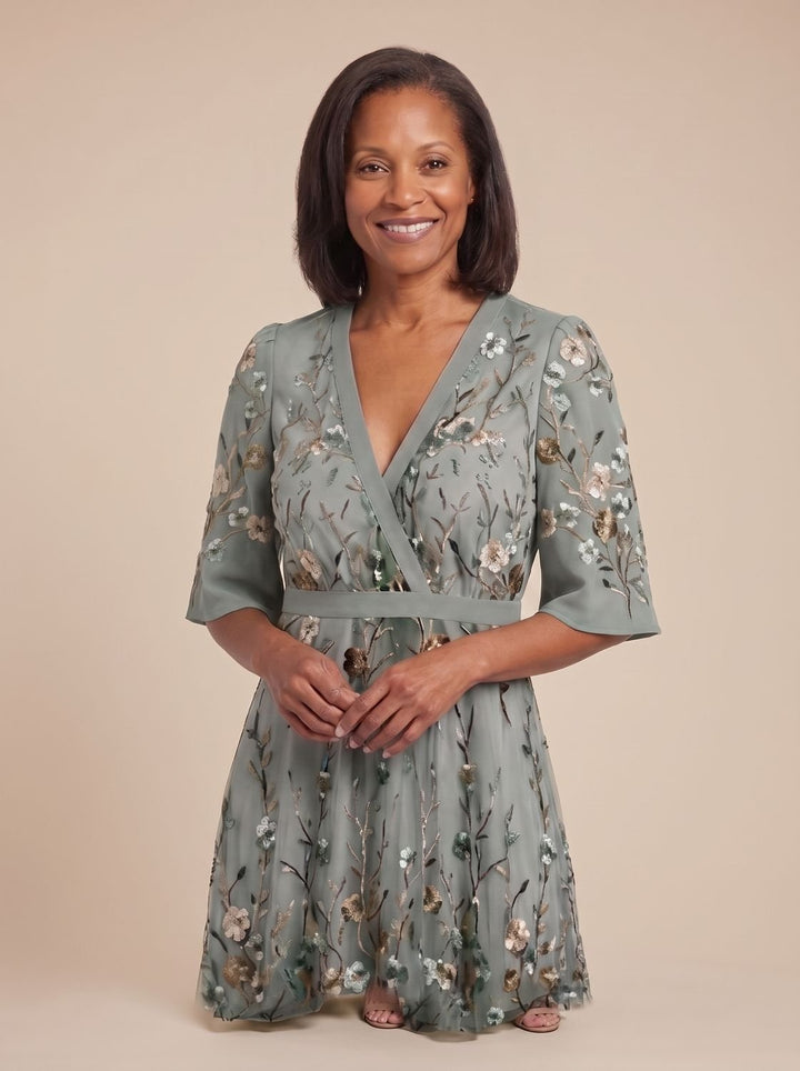 Women's Floral Embroidered Short Sleeve Maxi Dress V-Neck