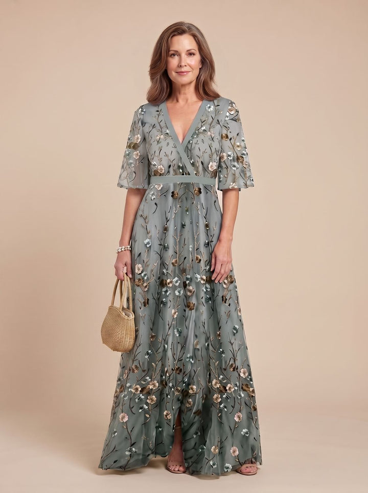 Women's Floral Embroidered Short Sleeve Maxi Dress V-Neck