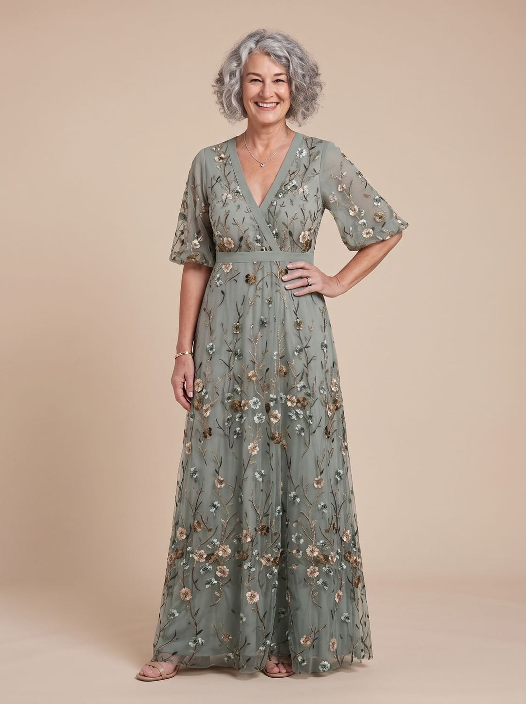 Women's Floral Embroidered Short Sleeve Maxi Dress V-Neck