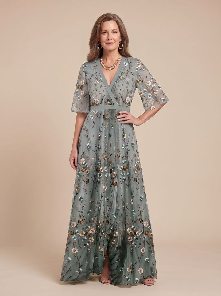 Women's Floral Embroidered Short Sleeve Maxi Dress V-Neck