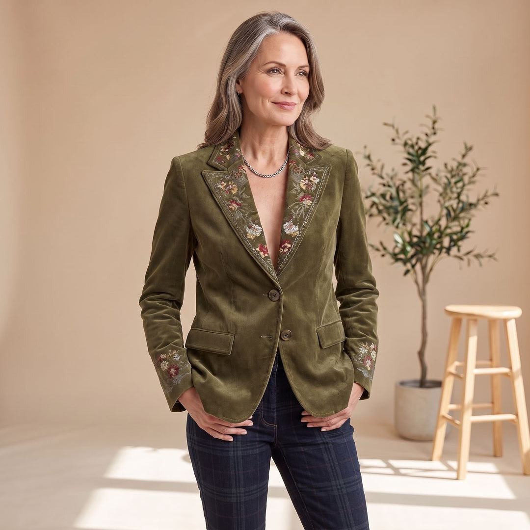 Women's Floral Embroidered Velvet Single-Breasted Blazer - Green