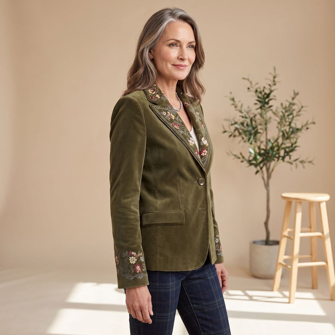Women's Floral Embroidered Velvet Single-Breasted Blazer