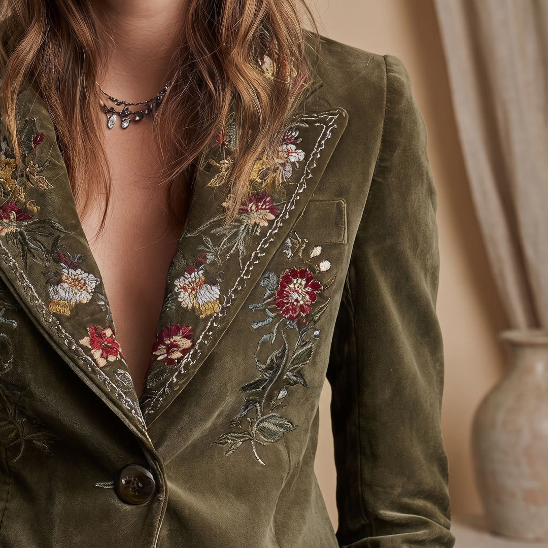 Women's Floral Embroidered Velvet Single-Breasted Blazer