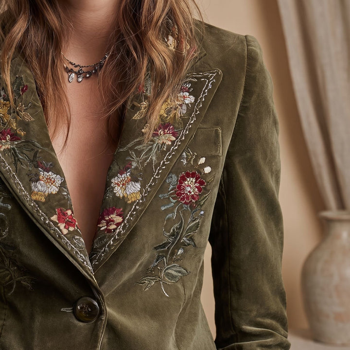 Women's Floral Embroidered Velvet Single-Breasted Blazer