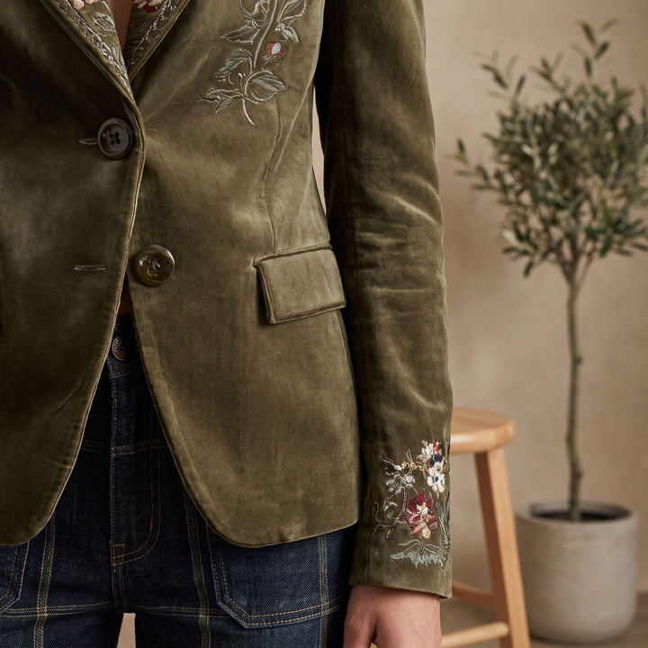 Women's Floral Embroidered Velvet Single-Breasted Blazer