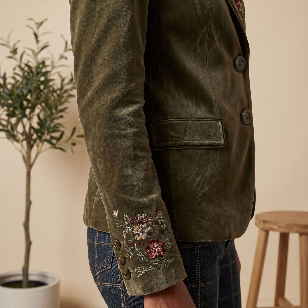 Women's Floral Embroidered Velvet Single-Breasted Blazer