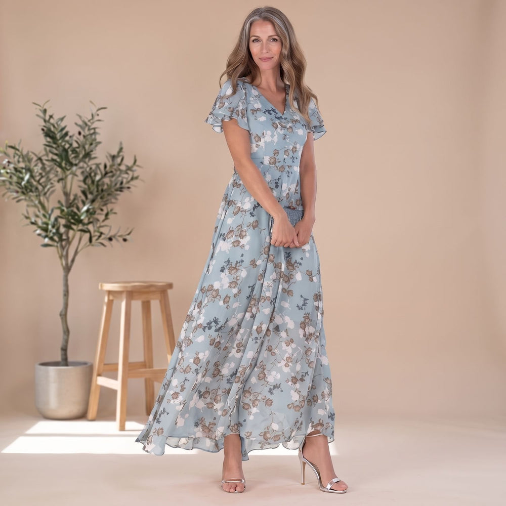 Women's Floral Flutter-Sleeve V-Neck Maxi Dress - Blue
