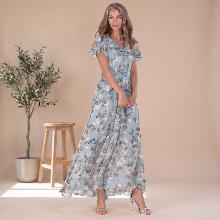 Women's Floral Flutter-Sleeve V-Neck Maxi Dress - Blue