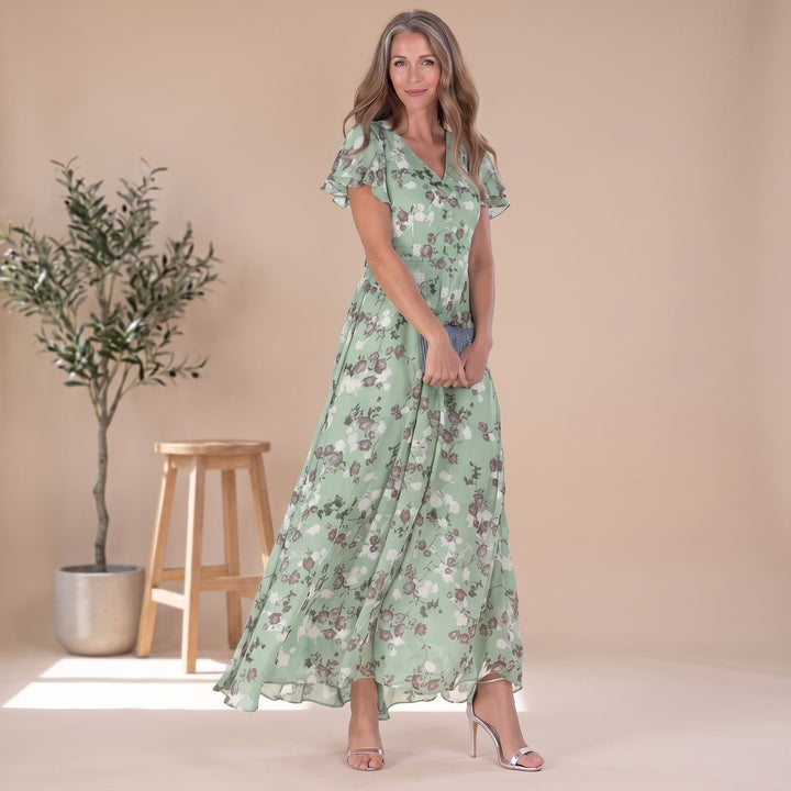 Women's Floral Flutter-Sleeve V-Neck Maxi Dress - Green