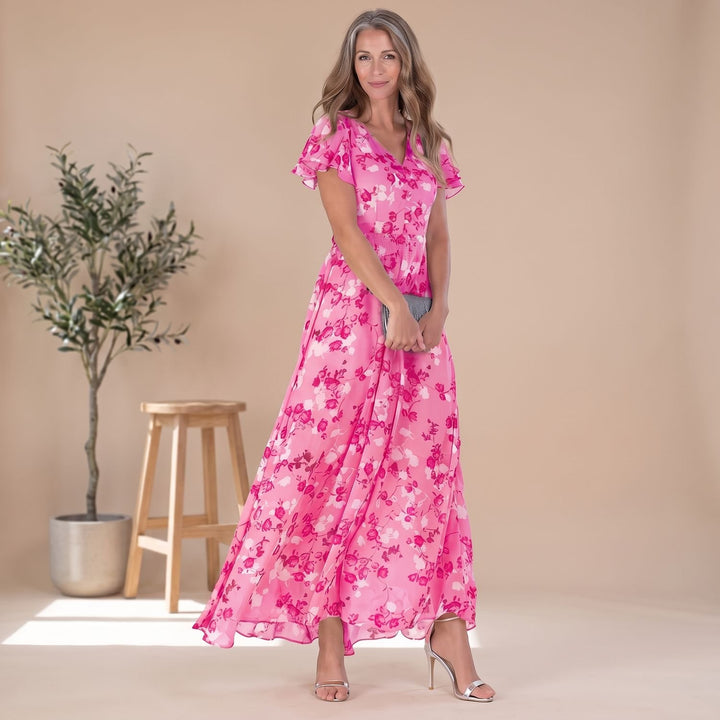 Women's Floral Flutter-Sleeve V-Neck Maxi Dress - Pink