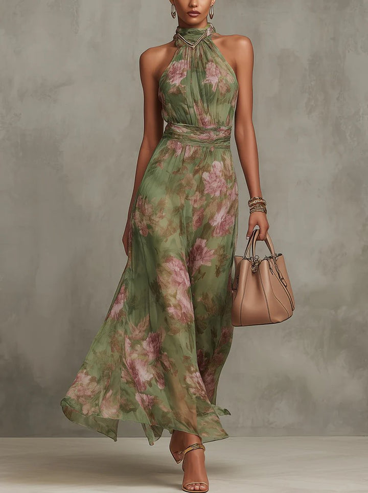 Women's Floral Halter Neck Chiffon Midi Dress - Green Floral Print