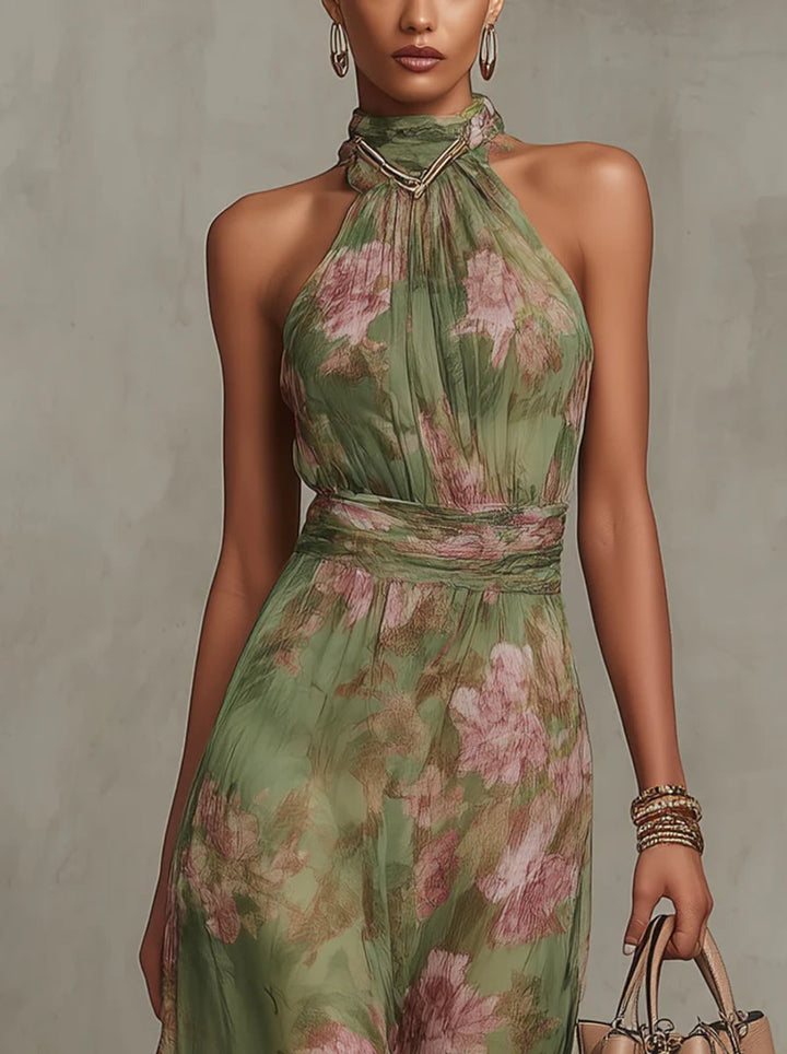 Women's Floral Halter Neck Chiffon Midi Dress