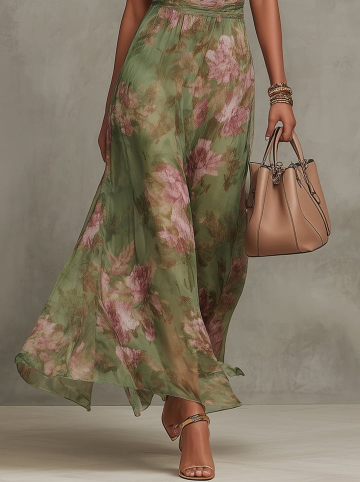 Women's Floral Halter Neck Chiffon Midi Dress