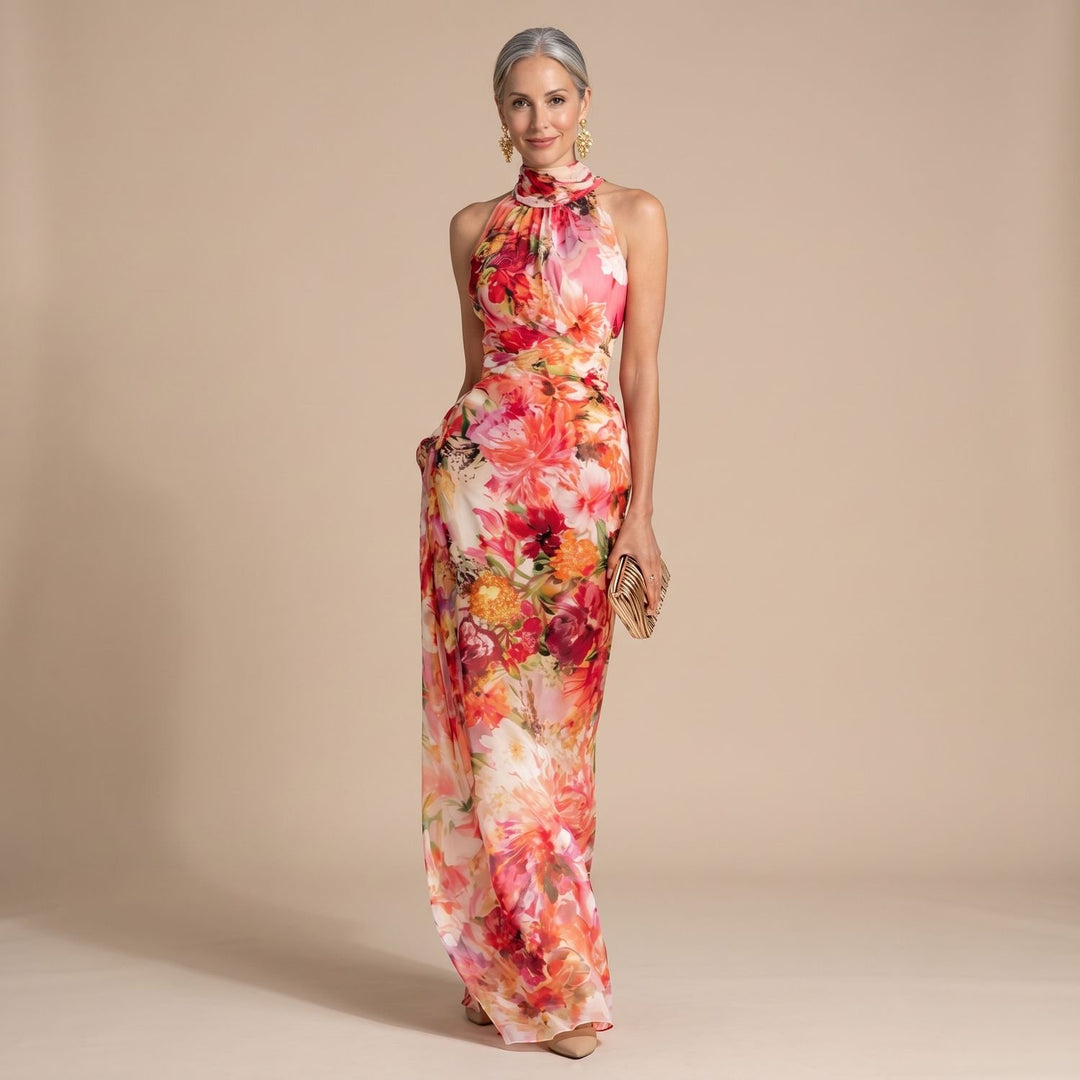 Women's Floral Halter-Neck Flowing Maxi Dress