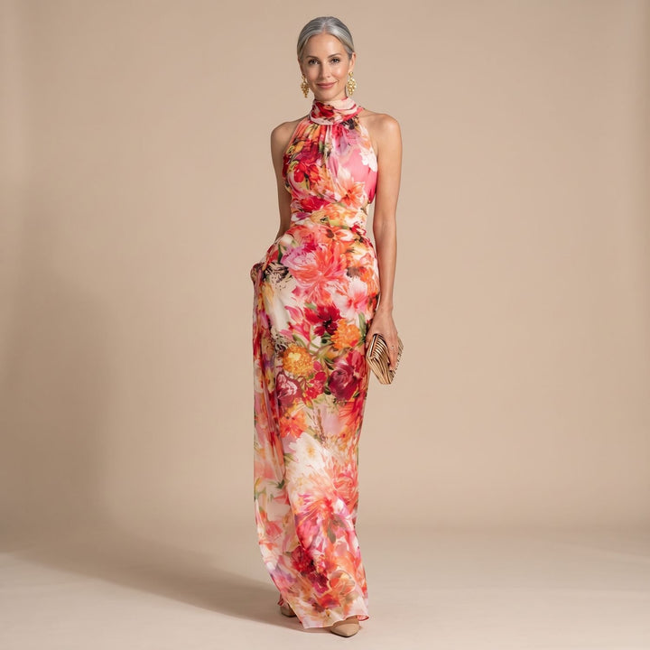 Women's Floral Halter-Neck Flowing Maxi Dress