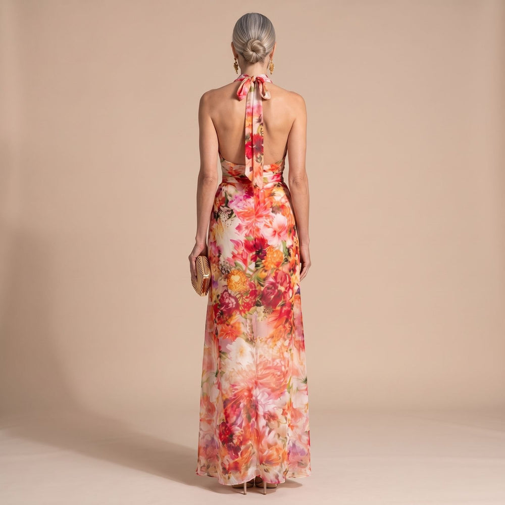 Women's Floral Halter-Neck Flowing Maxi Dress