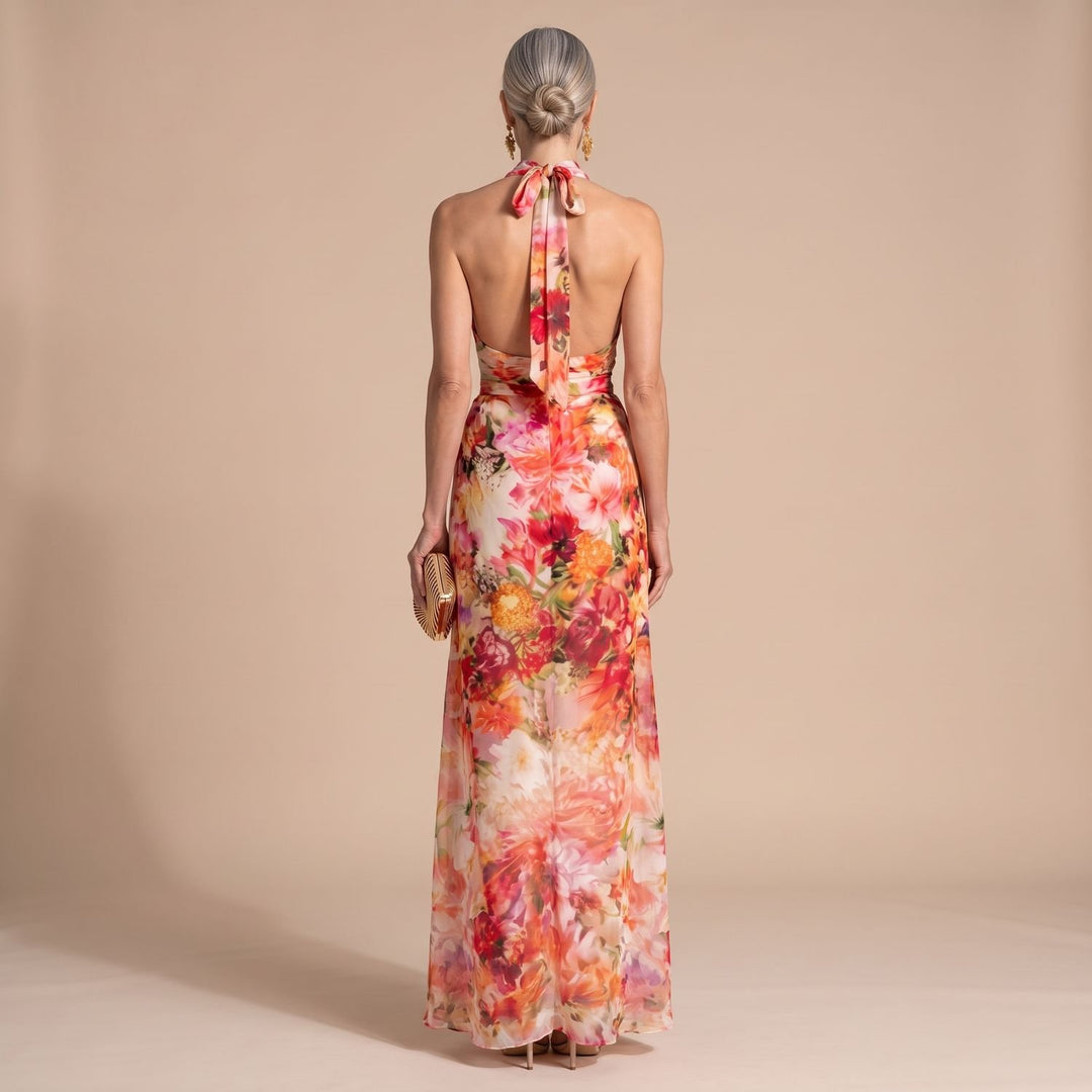 Women's Floral Halter-Neck Flowing Maxi Dress