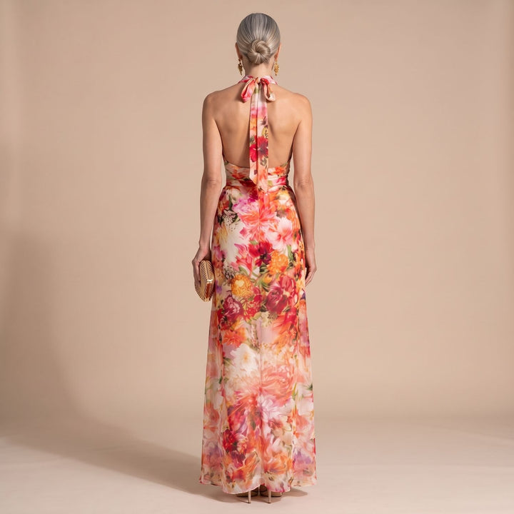 Women's Floral Halter-Neck Flowing Maxi Dress