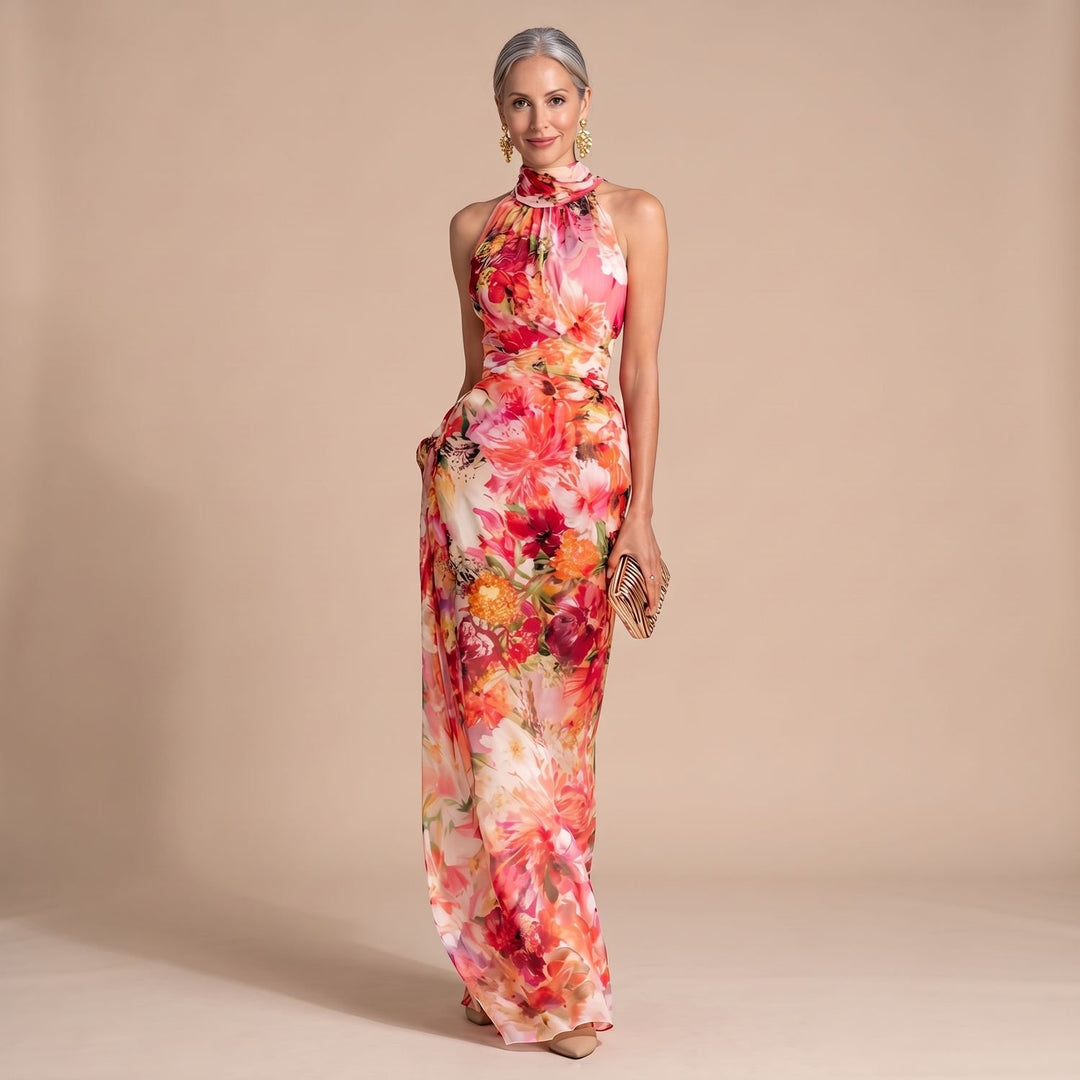 Women's Floral Halter-Neck Flowing Maxi Dress