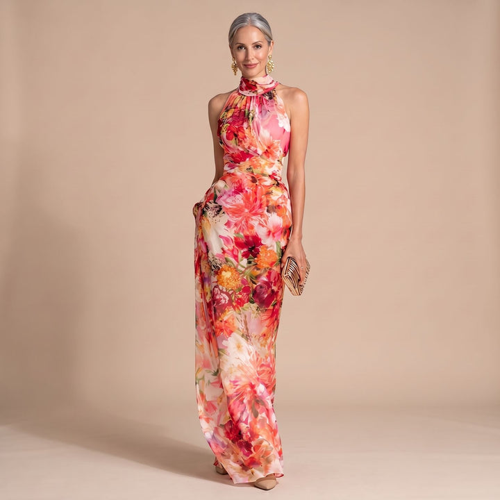 Women's Floral Halter-Neck Flowing Maxi Dress