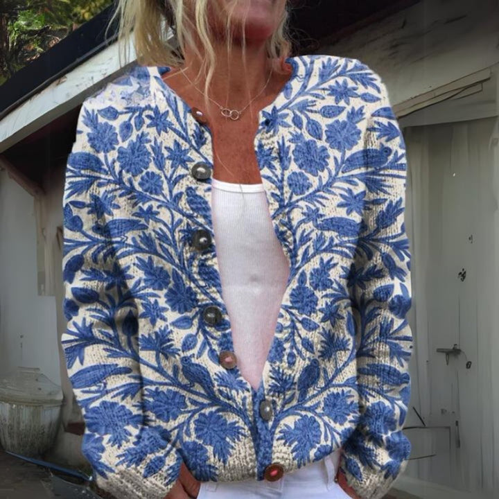 Women's Floral Knit Button-Front Cardigan Sweater - Blue