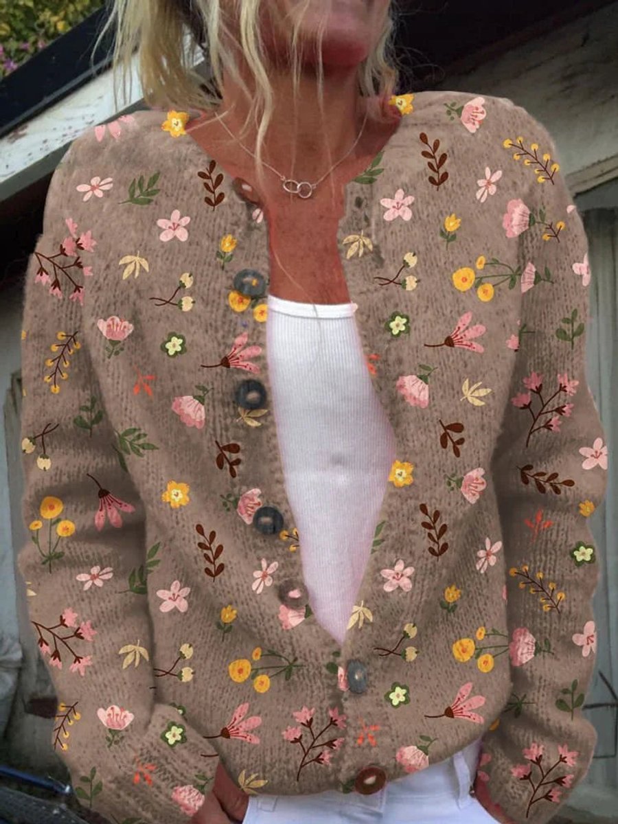 Women's Floral Knit Button-Front Cardigan Sweater - Brown