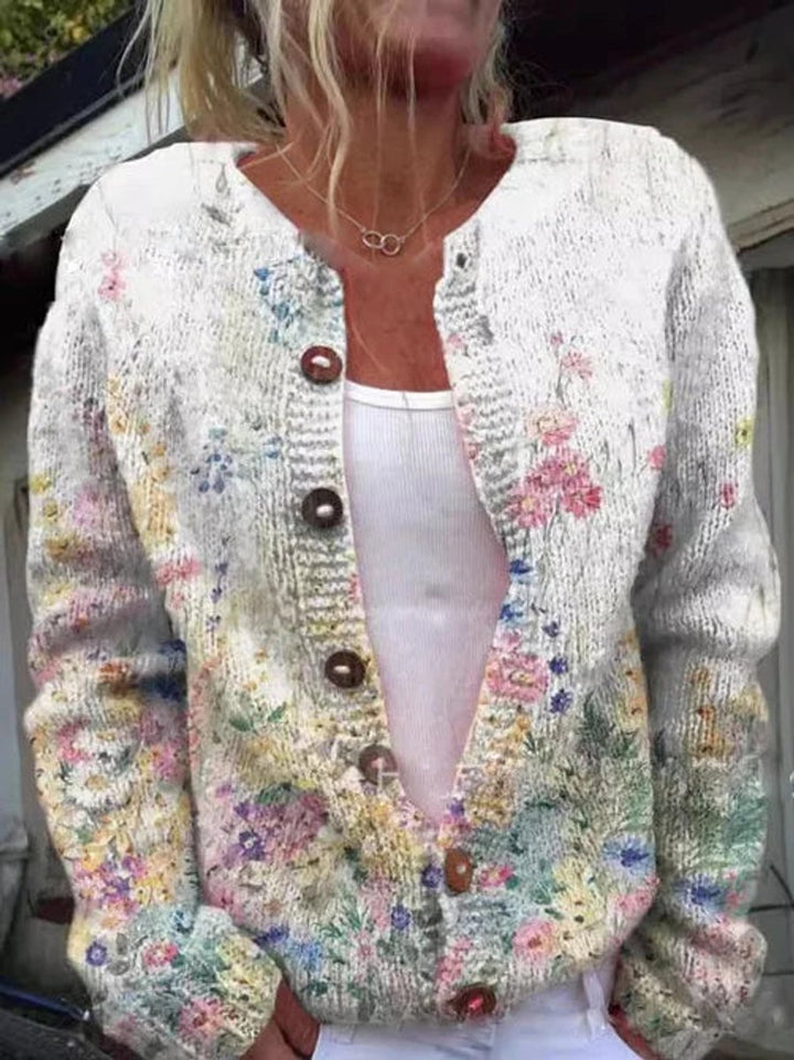 Women's Floral Knit Button-Front Cardigan Sweater - White