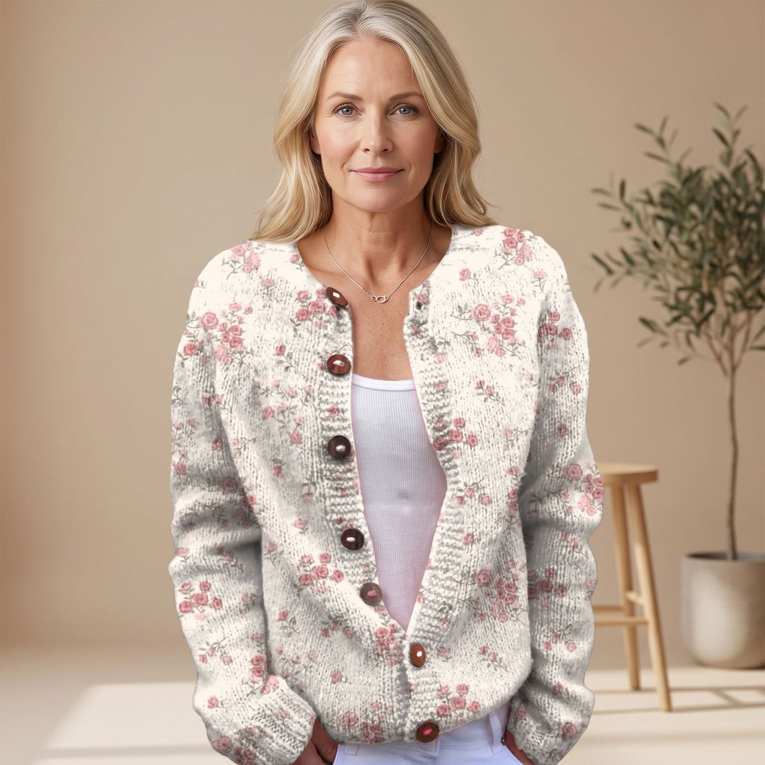 Women's Floral Knit Button-Front Cardigan Sweater, Cream