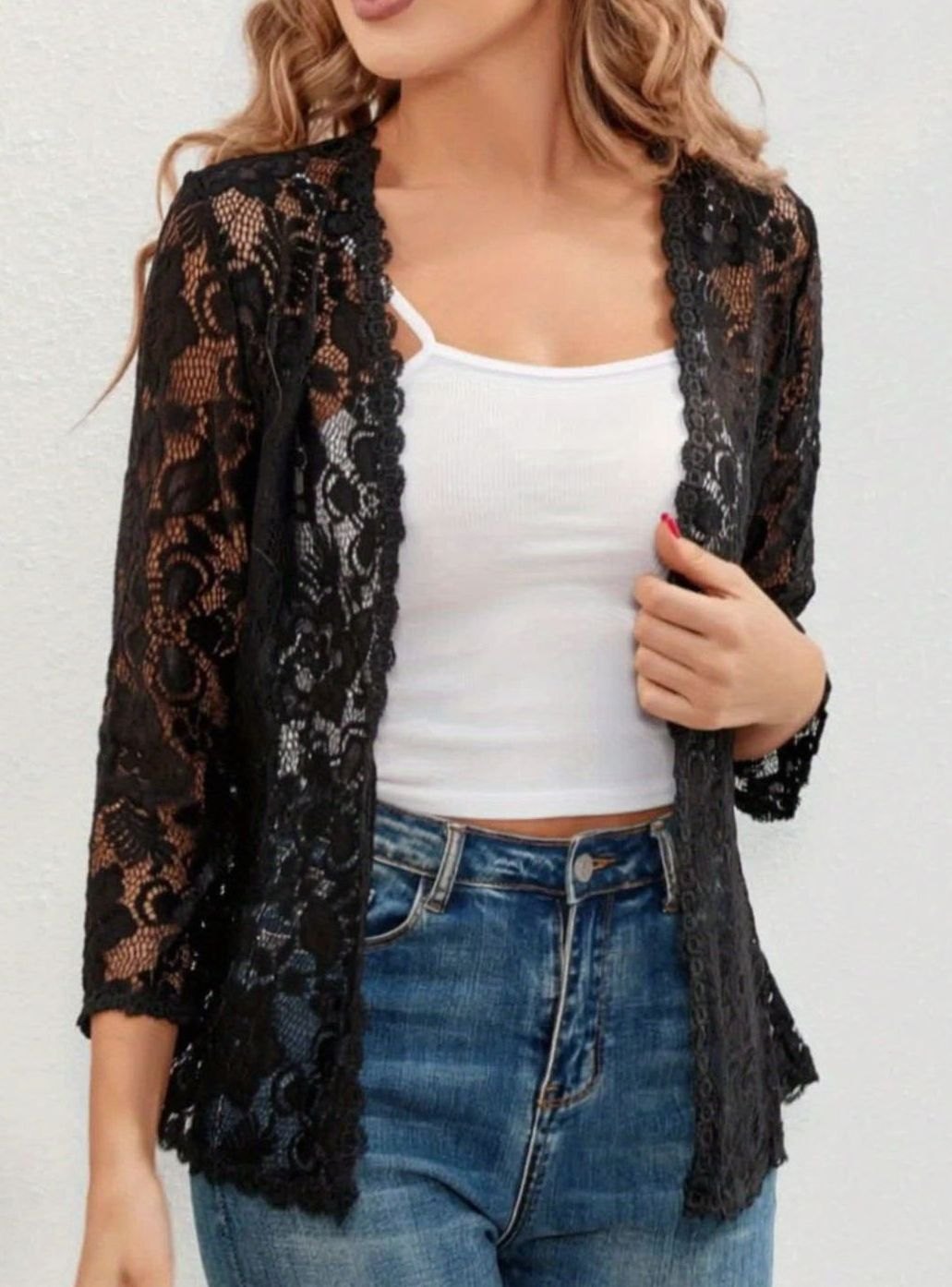 Women's Floral Lace Open-Front Three-Quarter Sleeve Cardigan