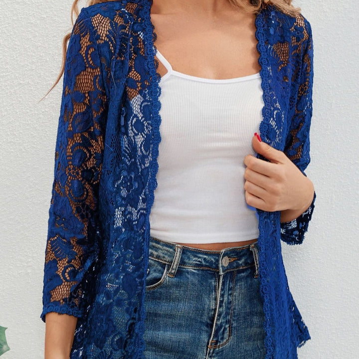 Women's Floral Lace Open-Front Three-Quarter Sleeve Cardigan - Blue