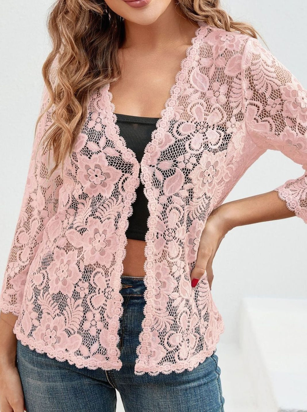 Women's Floral Lace Open-Front Three-Quarter Sleeve Cardigan