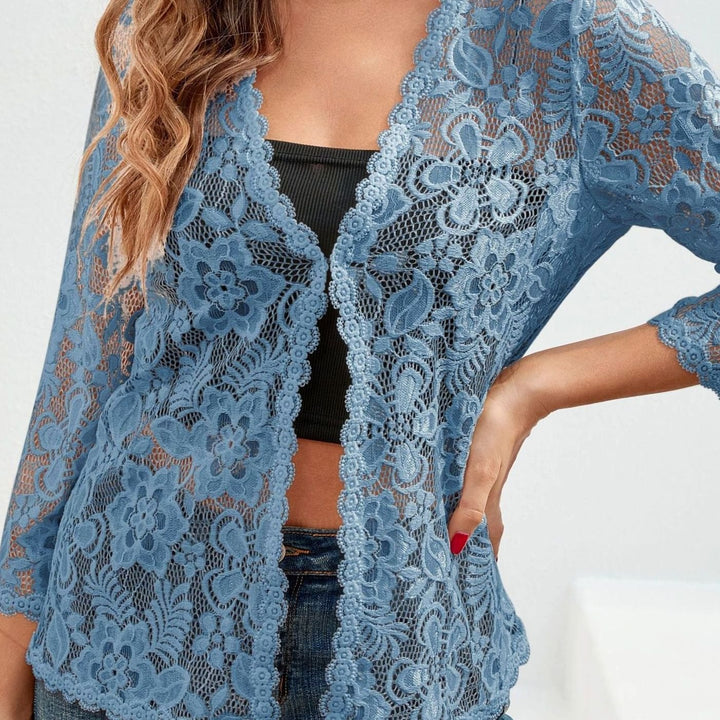 Women's Floral Lace Open-Front Three-Quarter Sleeve Cardigan - Dodger Blue