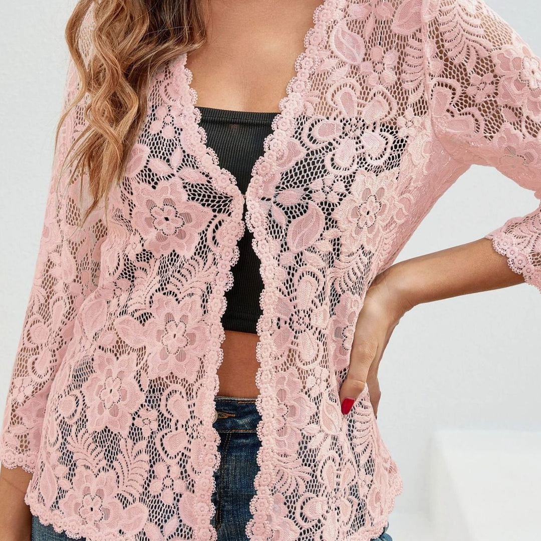 Women's Floral Lace Open-Front Three-Quarter Sleeve Cardigan - Pink