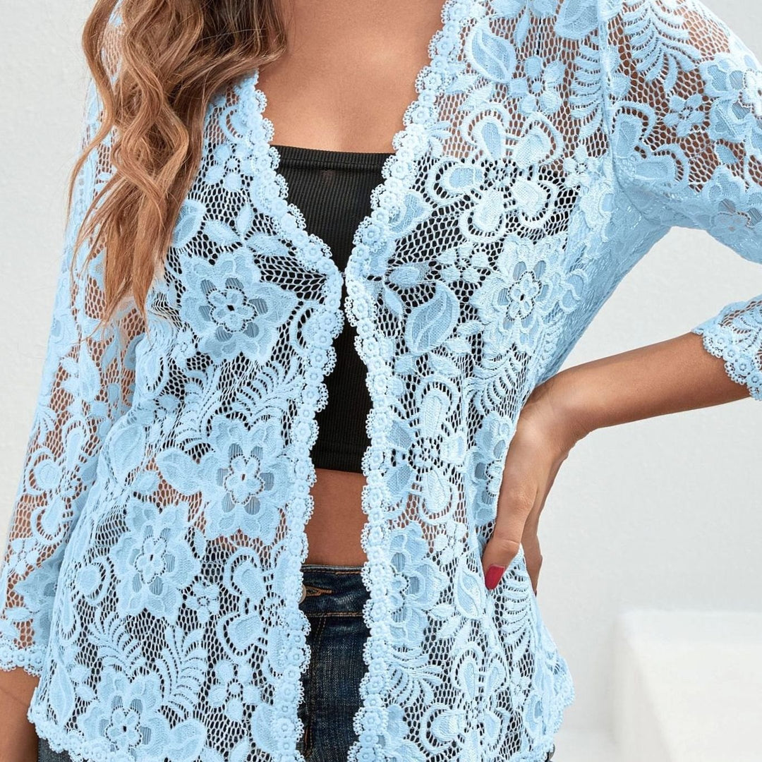 Women's Floral Lace Open-Front Three-Quarter Sleeve Cardigan - Light Blue