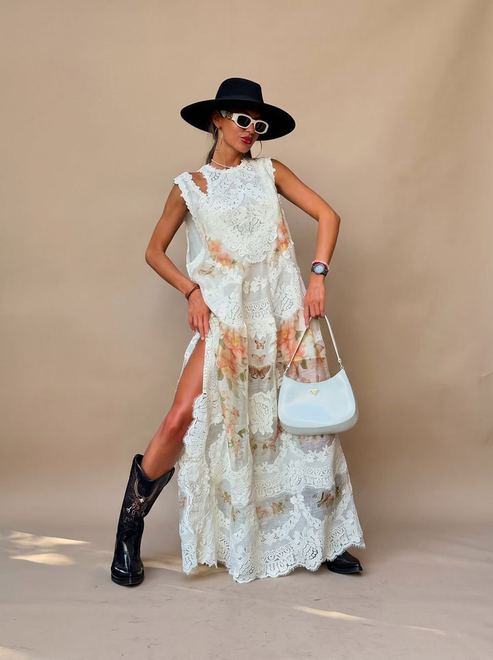 Women's Floral Lace Sleeveless Side-Slit Maxi Dress