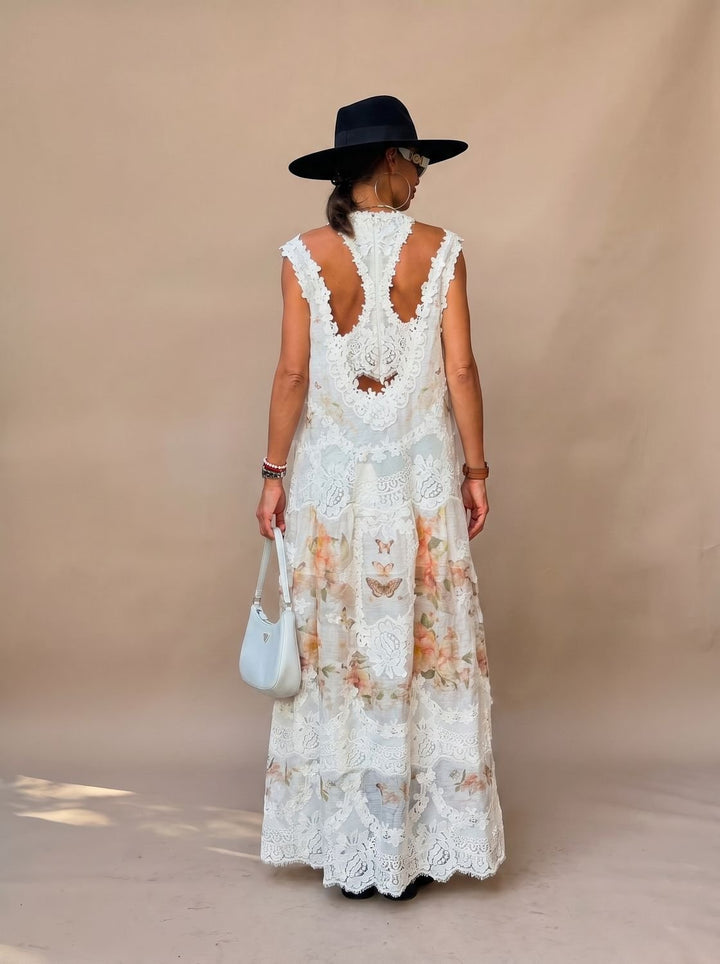 Women's Floral Lace Sleeveless Side-Slit Maxi Dress