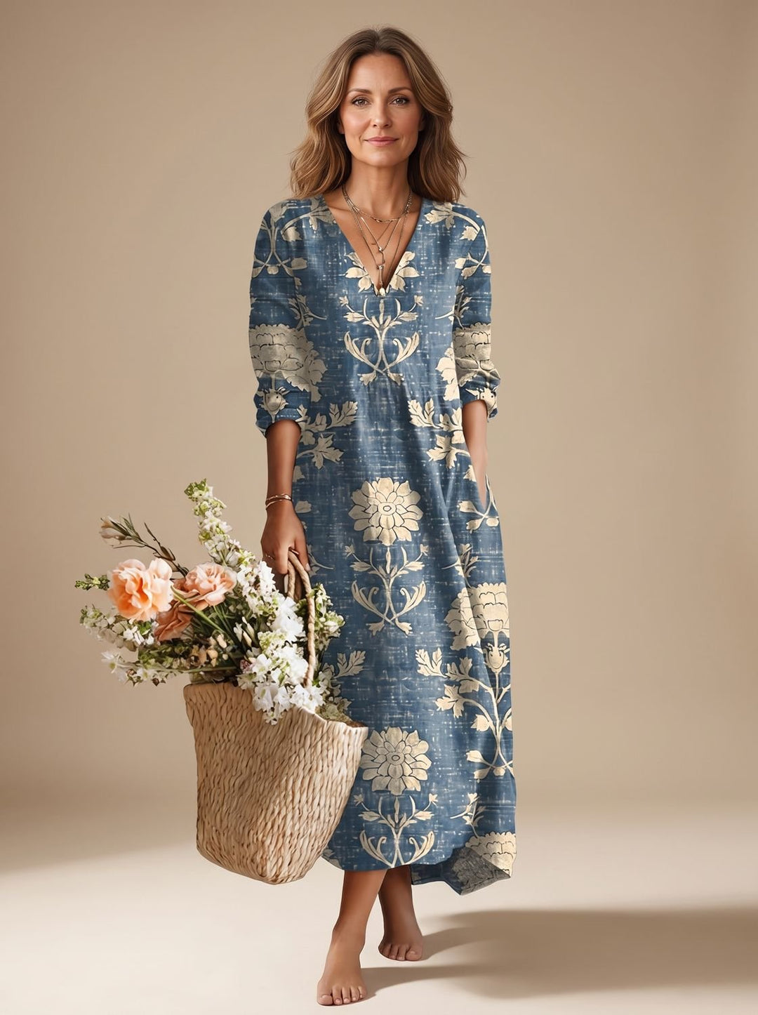 Women's Floral Long Sleeve Dress Relaxed V-Neck Maxi - Blue