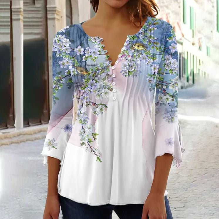 Women's Floral Long Sleeve Relaxed-Fit Henley Blouse - White-Blue