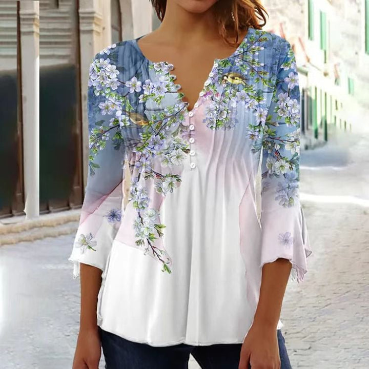 Women's Floral Long Sleeve Relaxed-Fit Henley Blouse - White-Blue