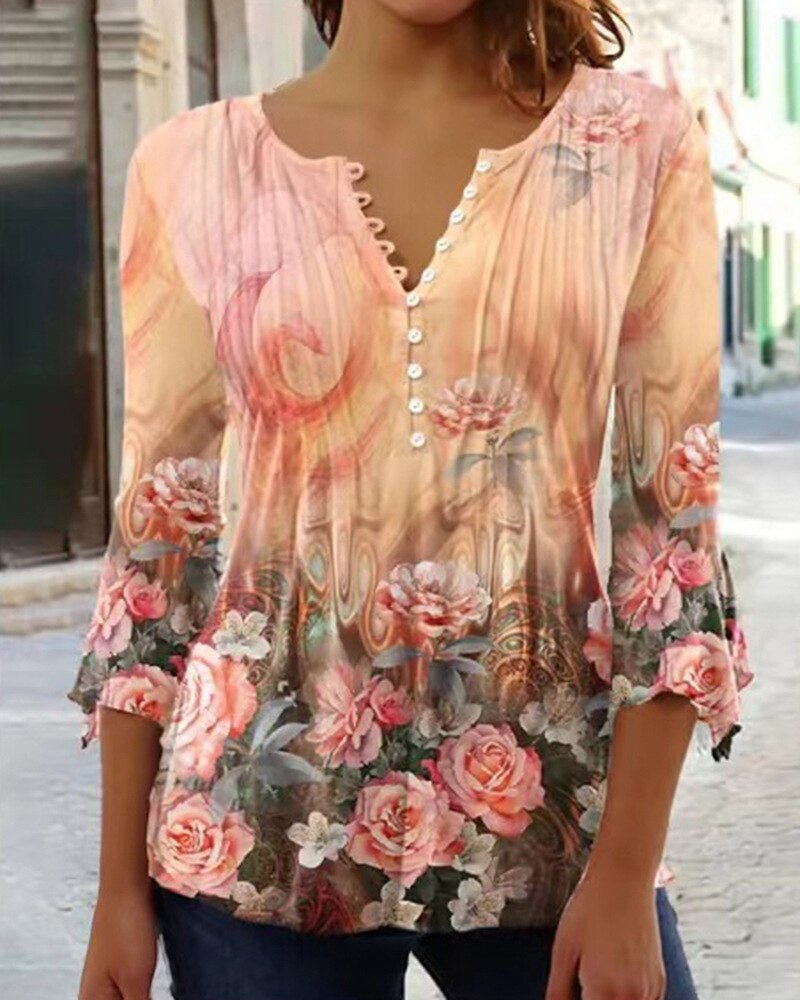 Women's Floral Long Sleeve Relaxed-Fit Henley Blouse - Orange