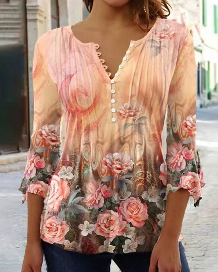 Women's Floral Long Sleeve Relaxed-Fit Henley Blouse - Orange