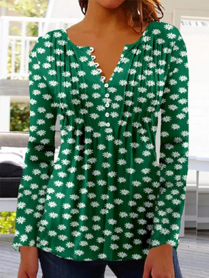 Women's Floral Long Sleeve Relaxed-Fit Henley Blouse - Dark green