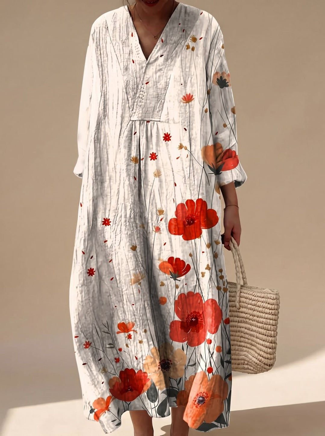 Women's Floral Long-Sleeve V-Neck Maxi Fall Dress - Multicolor