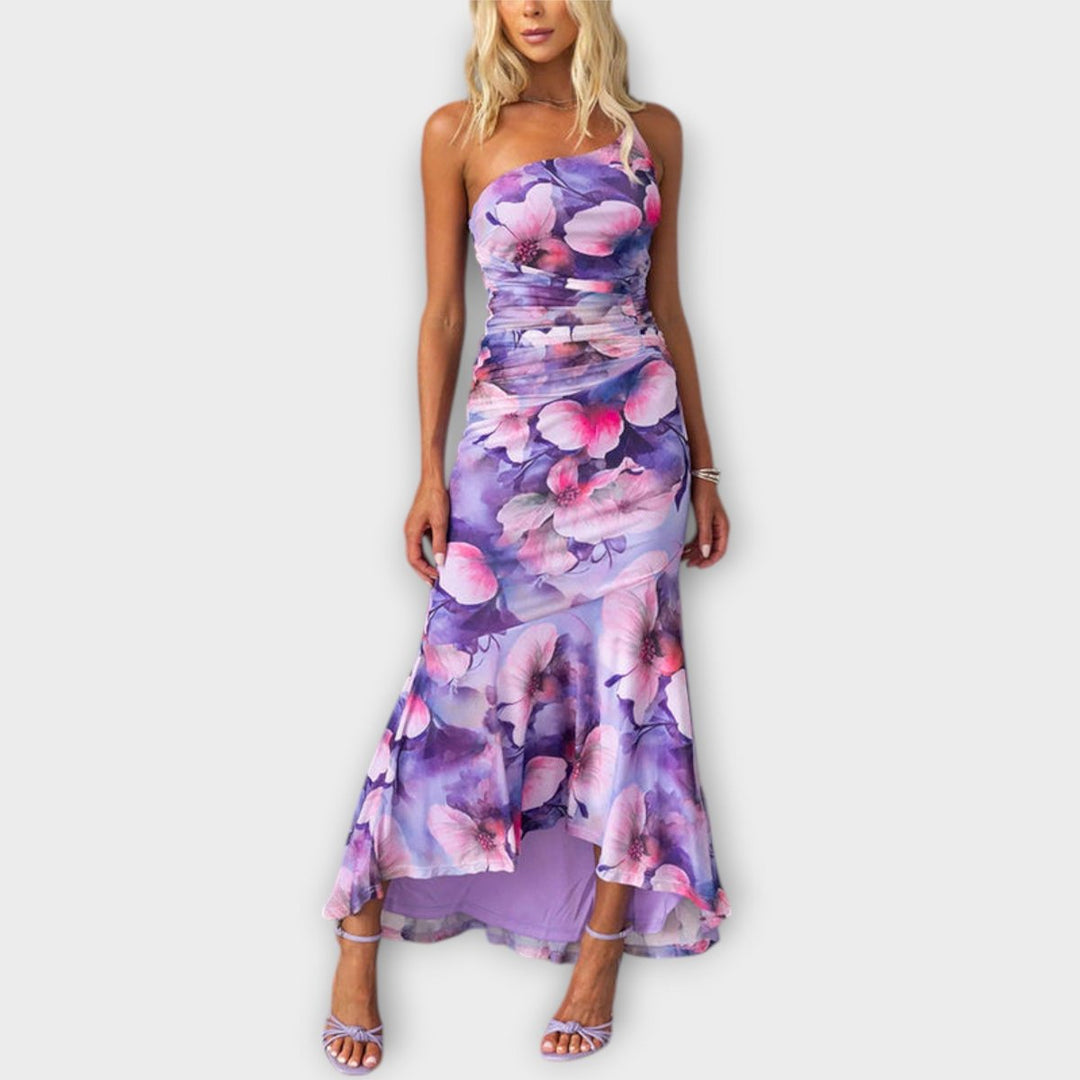 Women's Floral Mesh Asymmetric-Neck Ruched Maxi Dress - Purple
