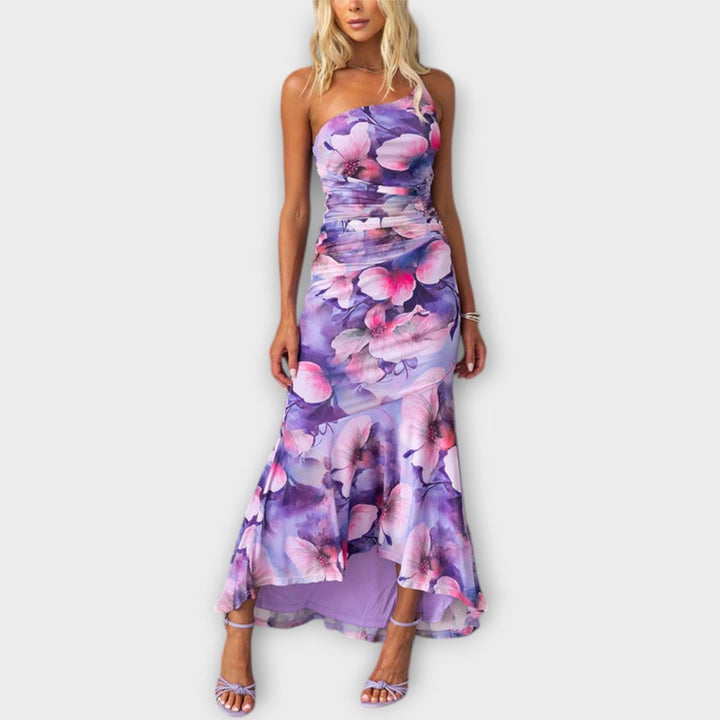 Women's Floral Mesh Asymmetric-Neck Ruched Maxi Dress - Purple