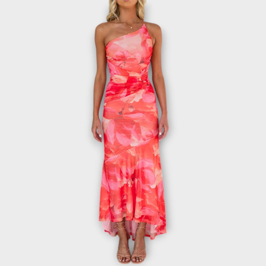 Women's Floral Mesh Asymmetric-Neck Ruched Maxi Dress