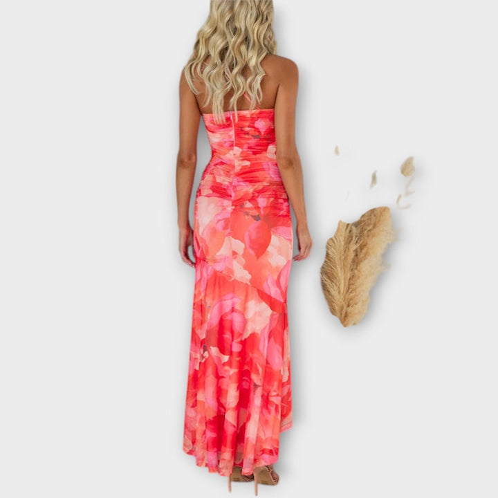 Women's Floral Mesh Asymmetric-Neck Ruched Maxi Dress